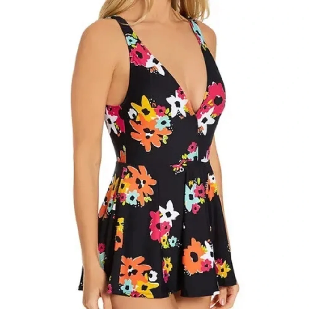 Anne Cole MULTI PRINT Island Bloom Plunge One Piece Swim Dress, US 8